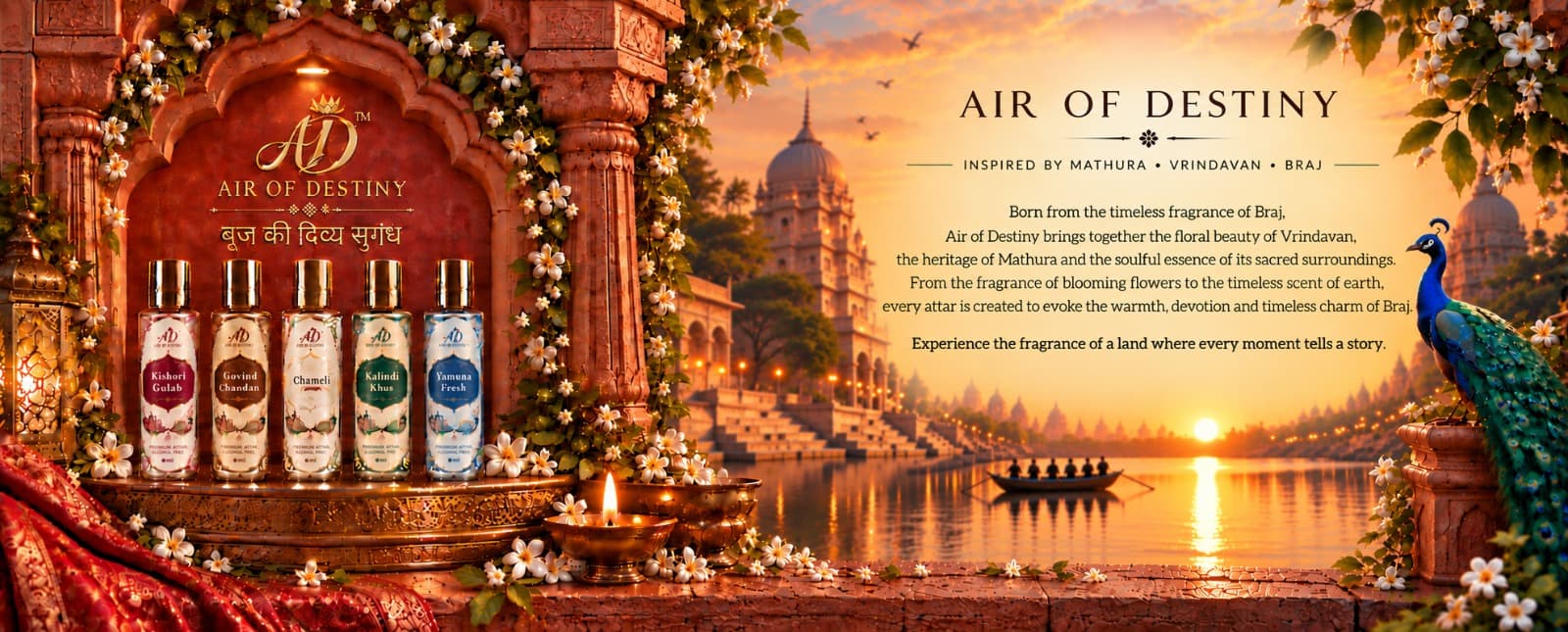 Sunset over the temples and ghats of Braj, framed by a flower-draped archway