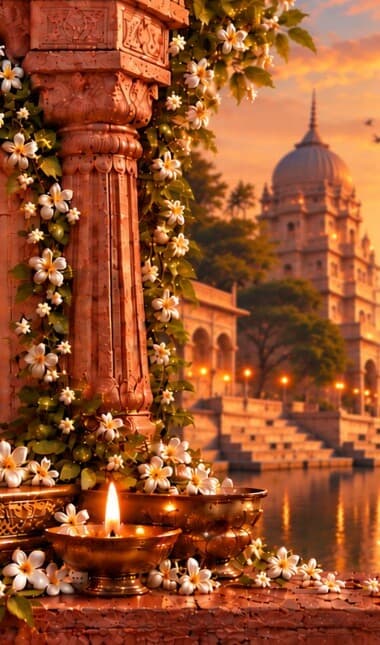 Diyas and flowers at a temple pillar overlooking the ghats of Braj at sunset